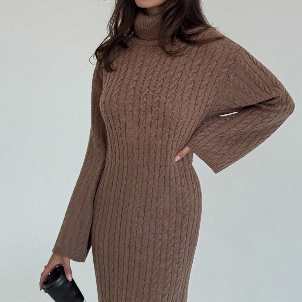 Coffee Brown Casual Women's Long Cable Knit Loose Fitted High Neck Sweater Dress - Picture 5 of 5